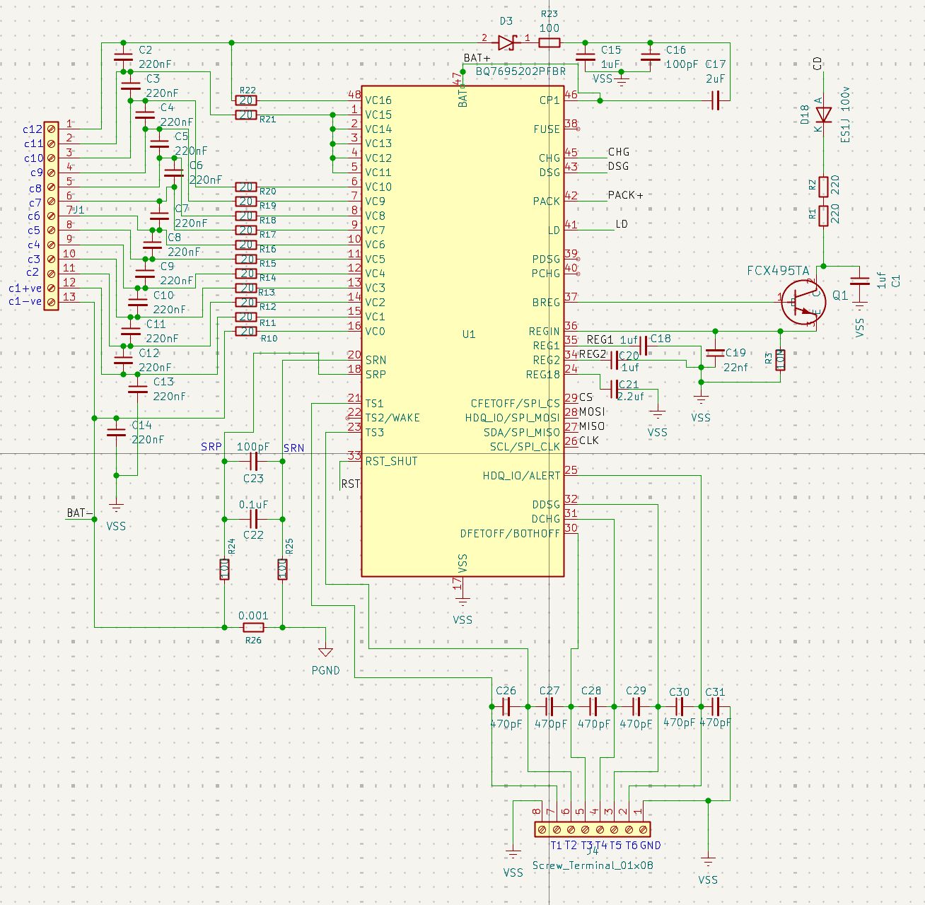 BQ7695202 IC schematic — 12S cell tap inputs, SPI, LDO, thermistors