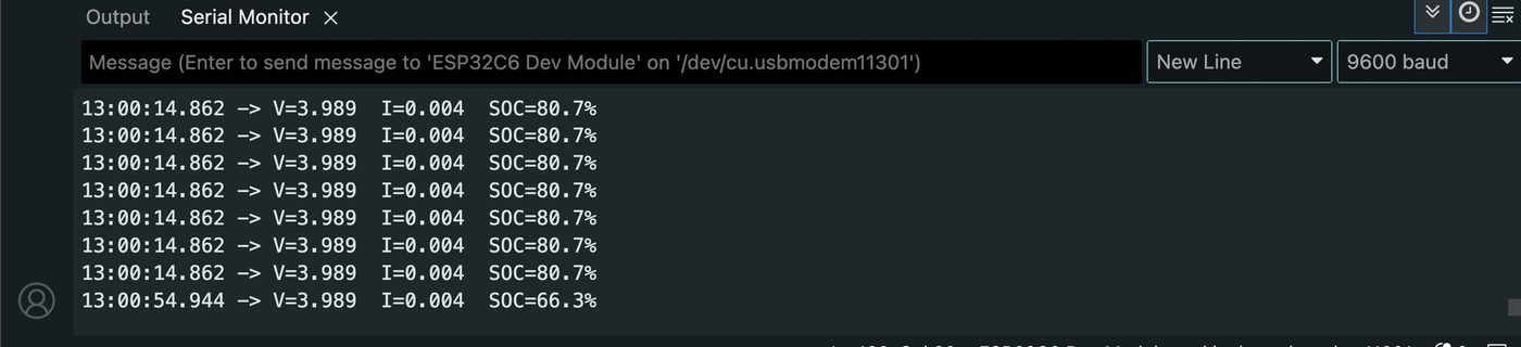 Serial monitor output streaming V, I, and SOC values from the ESP32-C6